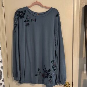 Free People Blue Floral Embroidered Long Sleeve Top